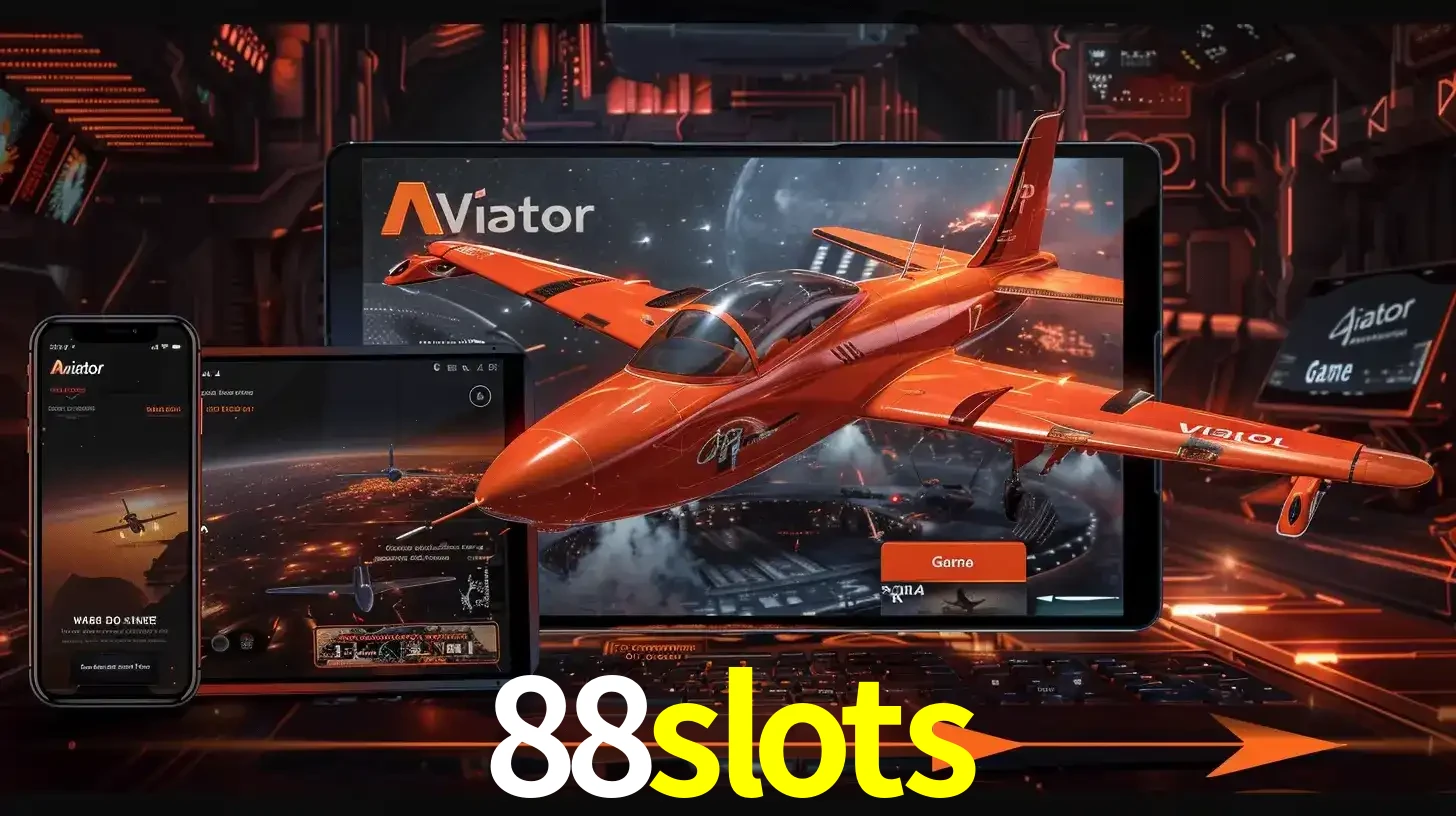 Apresentação tecnológica do jogo Aviator com um avião saindo da tela de um tablet, demonstrando a experiência imersiva em múltiplos dispositivos no 88slots.