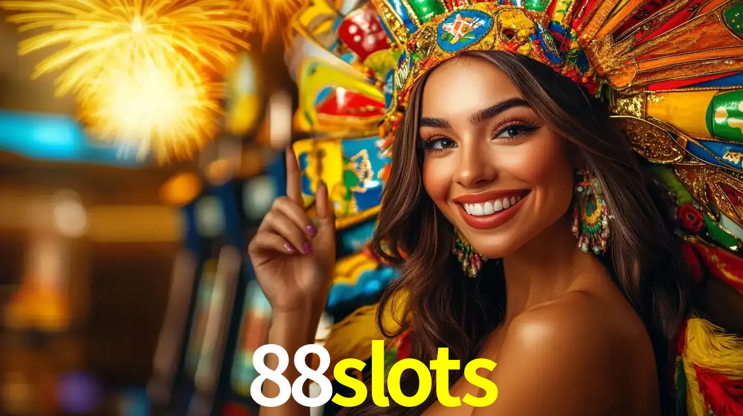 Mulher sorridente com um cocar de carnaval vibrante e colorido, celebrando uma grande vitória nos jogos do cassino 88slots com fogos de artifício ao fundo.