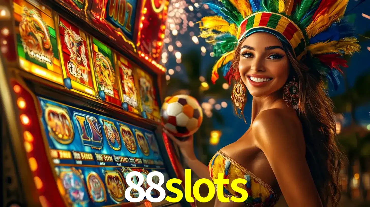 Mulher com um cocar de carnaval ao lado de uma máquina de caça-níqueis enquanto segura uma bola de futebol, mostrando a união da diversão de cassino e esportes no 88slots.
