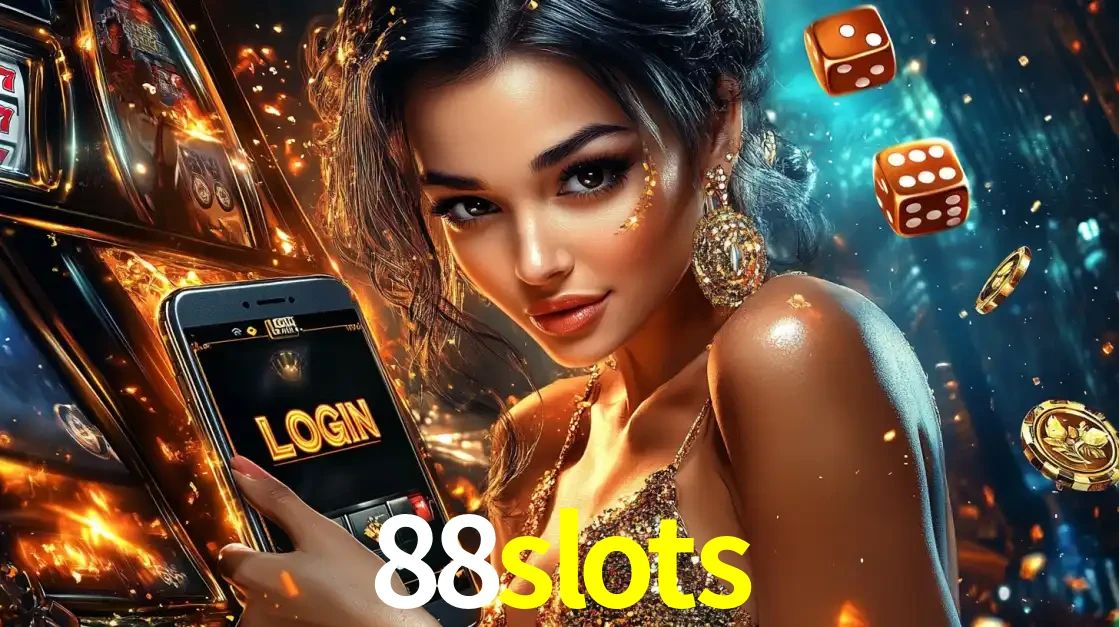 Mulher glamourosa segurando um celular com a tela de login do cassino 88slots, rodeada por dados e moedas douradas, pronta para começar a diversão.