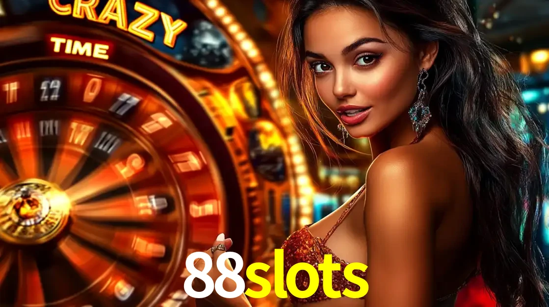 Mulher ao lado da roda de prêmios do jogo de cassino ao vivo Crazy Time, um dos shows de jogos mais emocionantes oferecidos pela plataforma de apostas 88slots.