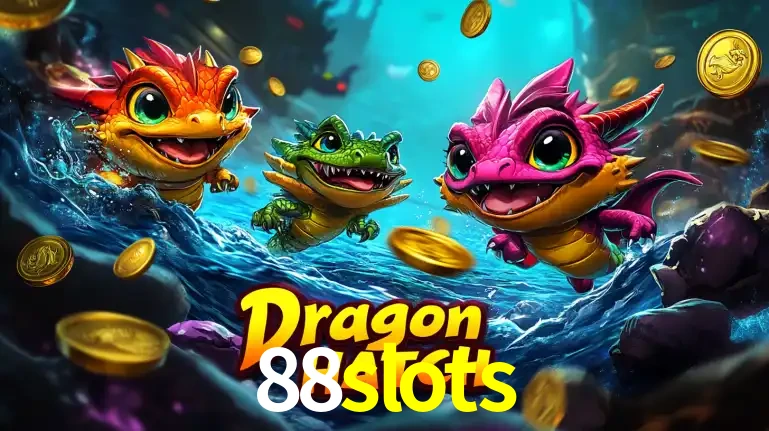 Arte promocional do jogo Dragon Hatch com três adoráveis dragões bebês nadando entre moedas de ouro, um dos slots mais divertidos para jogar no cassino 88slots.