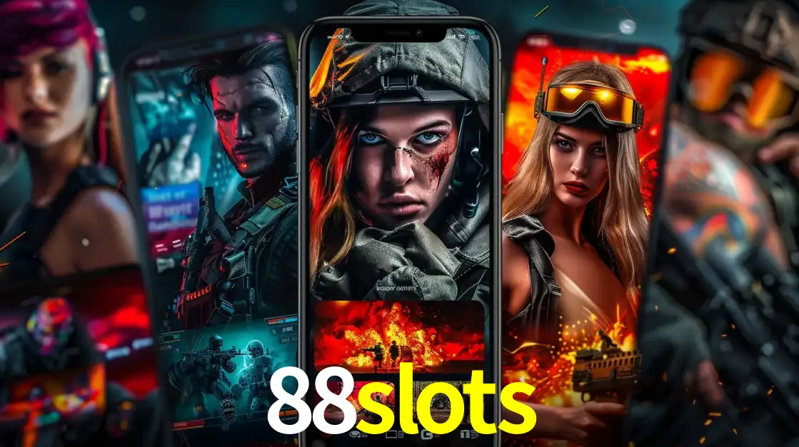Montagem de telas de celular mostrando diversos personagens, masculinos e femininos, de um jogo de tiro, ilustrando a diversidade de equipes de e-sports para apostar no 88slots.