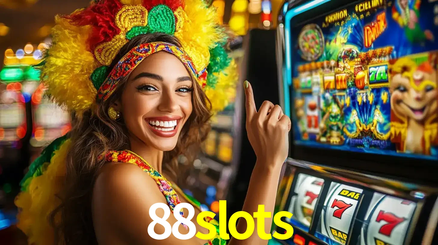 Mulher animada com um cocar de carnaval apontando para uma máquina de caça-níqueis, mostrando a emoção de ganhar um grande prêmio nos jogos do 88slots.
