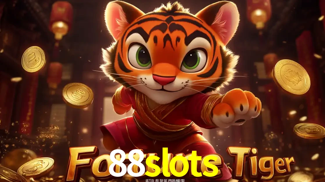 O carismático mascote do jogo de slot Fortune Tiger, um tigre fofo em pose de artes marciais, pronto para trazer sorte e multiplicadores de ganhos no cassino online 88slots.