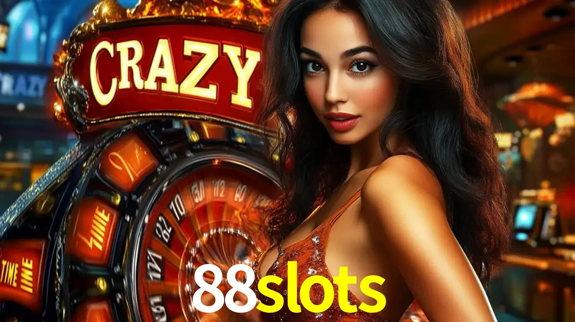 Mulher glamourosa olhando para a câmera com a roda vermelha do Crazy Time ao fundo em um ambiente de cassino, destacando a emoção dos jogos ao vivo no 88slots.