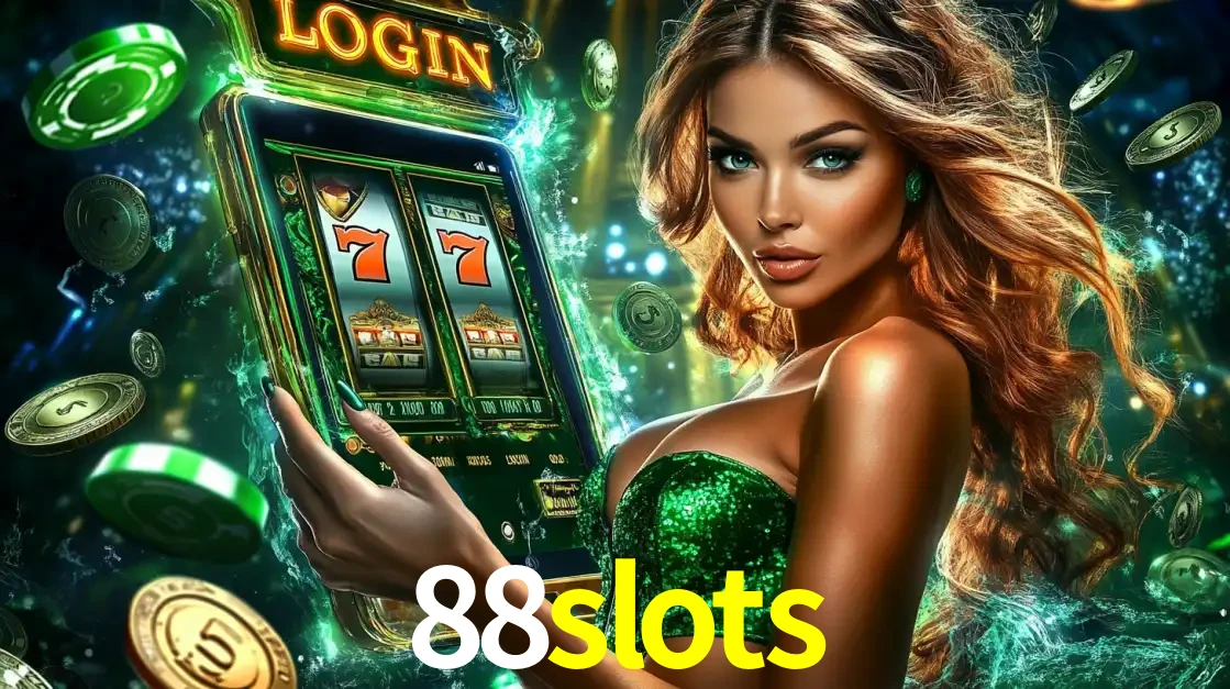Mulher com tema verde apresentando o aplicativo do cassino 88slots com um jogo de slot de 777, cercada por fichas de cassino e uma aura de sorte.
