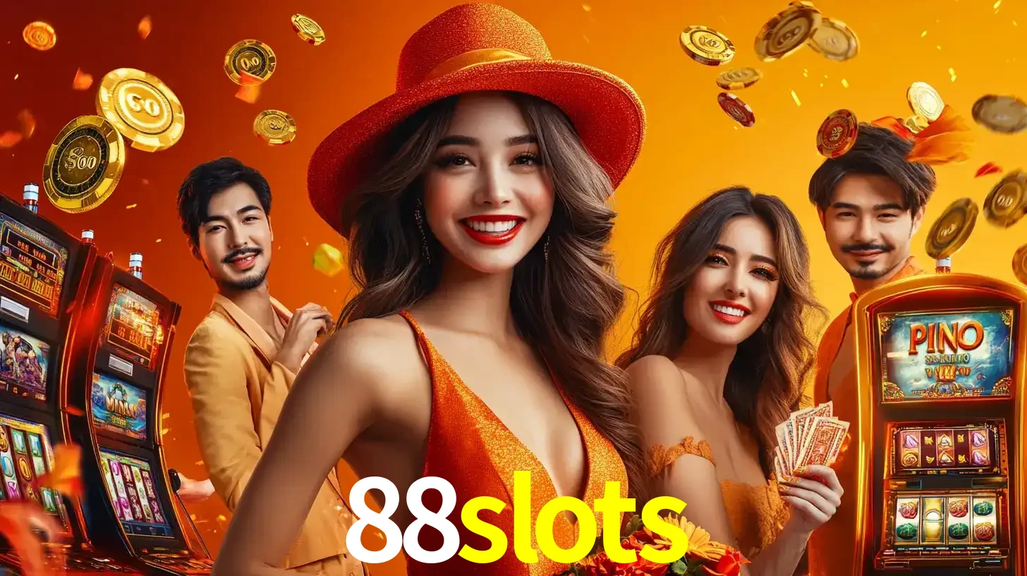 Grupo de amigos asiáticos sorrindo e se divertindo com máquinas de caça-níqueis em um ambiente festivo, celebrando suas vitórias nos jogos de cassino do 88slots.