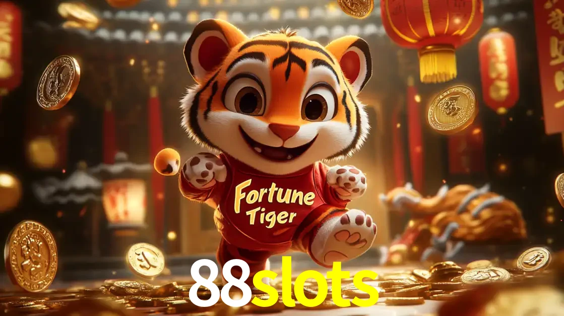 O alegre personagem do Fortune Tiger correndo sobre um caminho de moedas de ouro, simbolizando os grandes prêmios e a diversão do popular jogo de slot do 88slots.