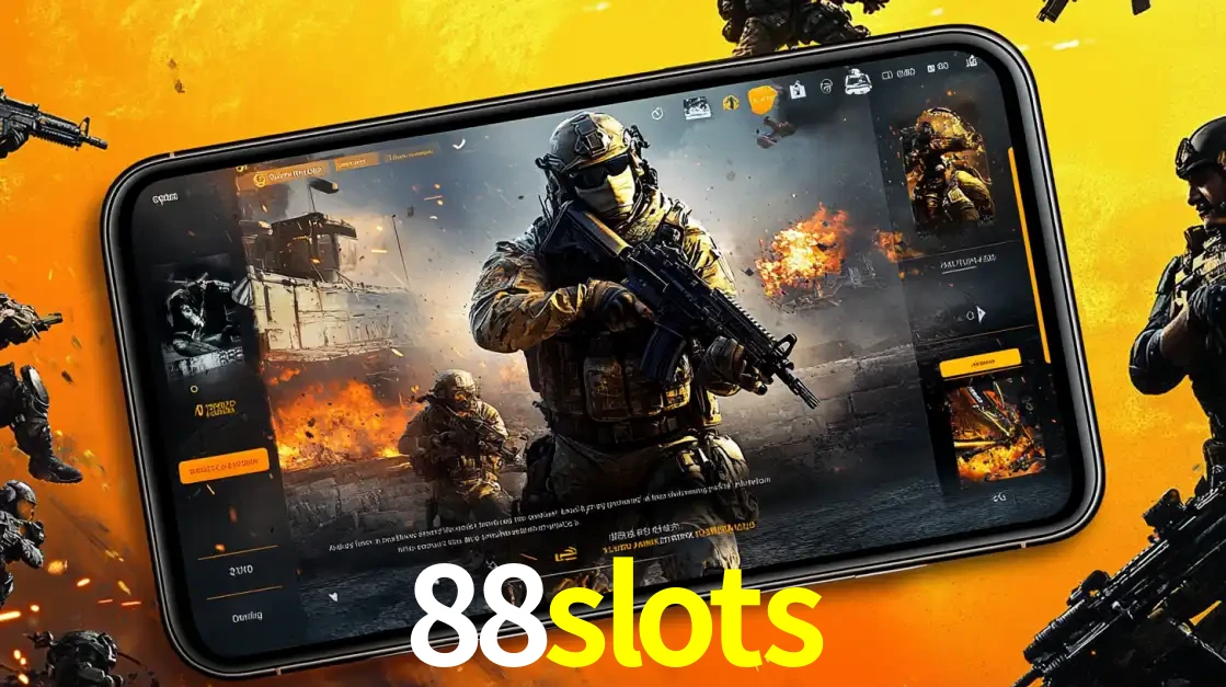 Um smartphone exibindo a interface de um jogo de tiro em primeira pessoa, com um soldado em um cenário de batalha, representando a ação dos e-sports para apostar no 88slots.