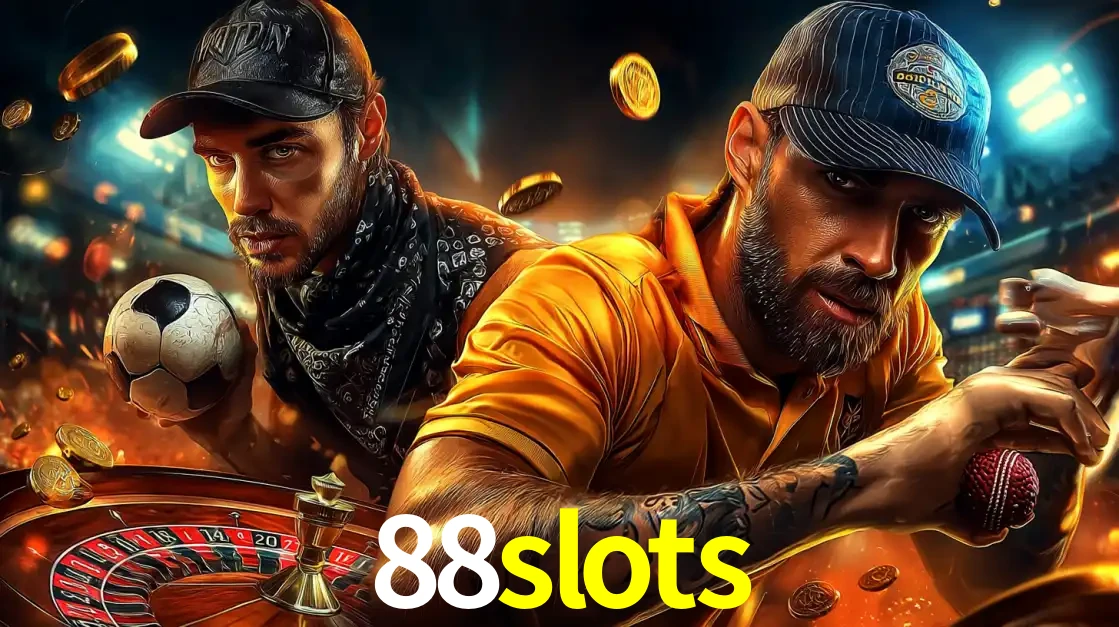 Montagem de apostas esportivas e cassino no 88slots, com um homem segurando uma bola de futebol e outro uma de beisebol sobre uma roleta e moedas voadoras.