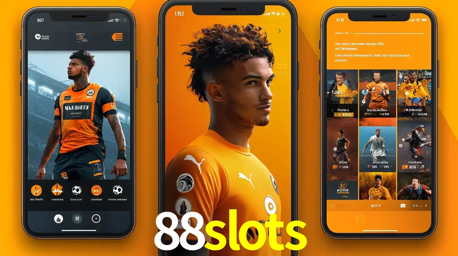Interface do aplicativo de apostas esportivas 88slots em três telas de celular, mostrando o perfil de um jogador de futebol e a lista de jogos disponíveis para apostar.