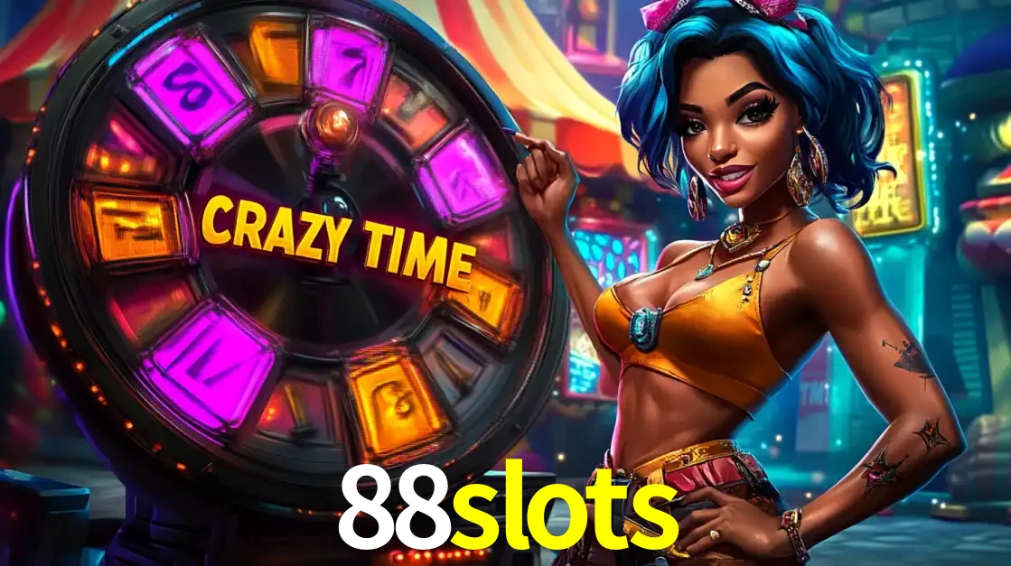Mulher estilizada com cabelo azul e visual vibrante posando ao lado da roda de prêmios do game show Crazy Time, convidando para a diversão e os bônus do cassino 88slots.