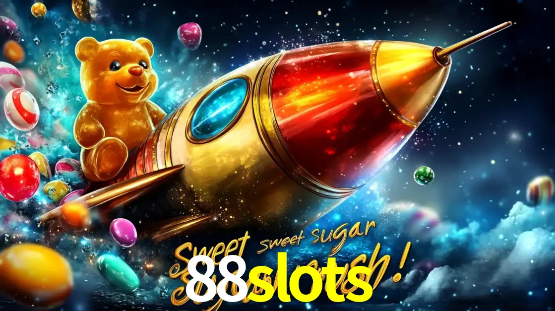 Arte promocional do jogo de slot Sugar Rush, com um urso de pelúcia em um foguete viajando pelo espaço de doces, um dos jogos divertidos disponíveis no cassino 88slots.