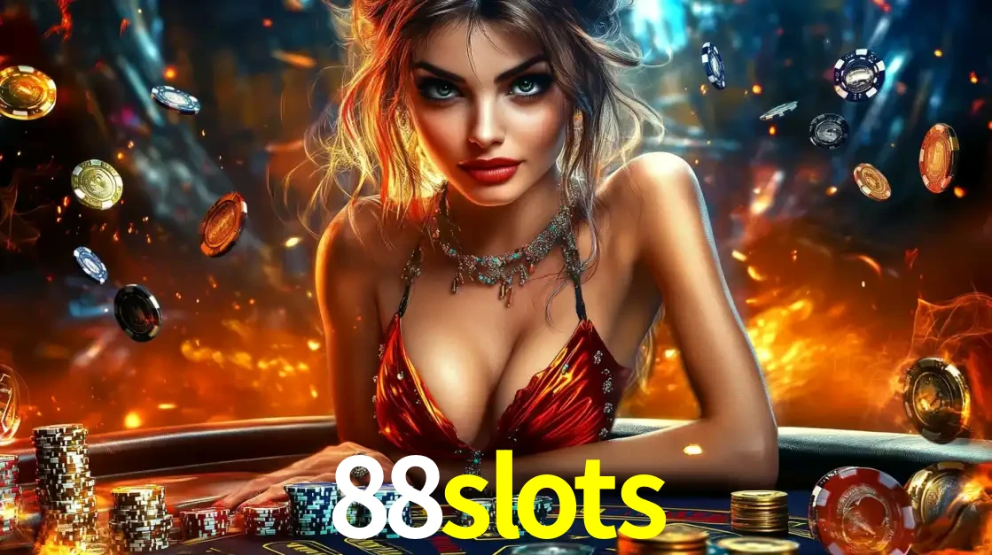 Mulher em uma mesa de cassino com pilhas de fichas e um fundo de fogo, pronta para uma rodada de altas apostas nos jogos de mesa emocionantes do cassino 88slots.