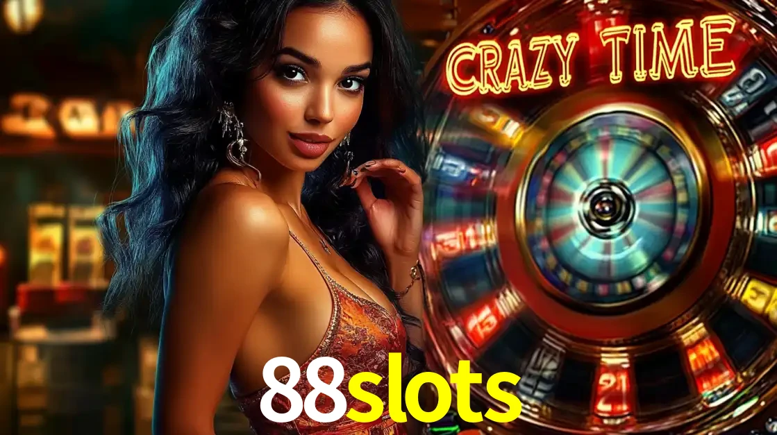 Mulher elegante ao lado da vibrante roda da fortuna do jogo de cassino ao vivo Crazy Time, um dos game shows mais populares e cheios de prêmios do 88slots.