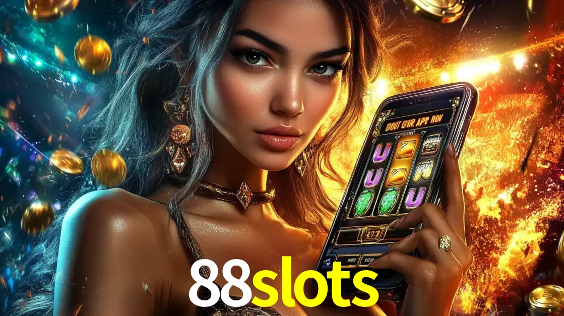 Mulher elegante mostrando um jogo de caça-níqueis em seu smartphone, destacando a experiência de cassino móvel oferecida pelo aplicativo 88slots.