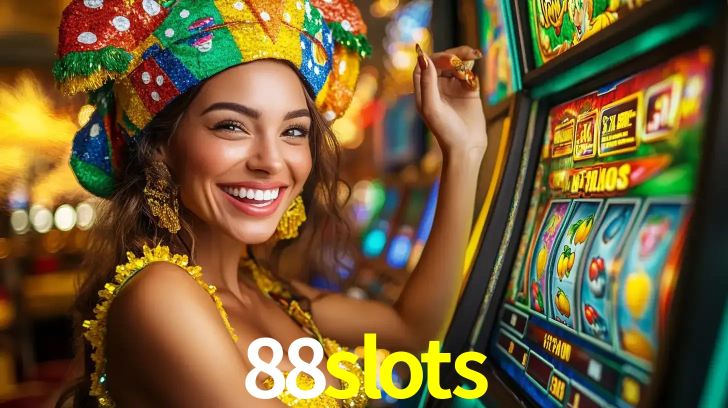 Mulher feliz com traje de carnaval amarelo e colorido ao lado de uma máquina de caça-níqueis, aproveitando a diversão e os jogos temáticos do cassino 88slots.