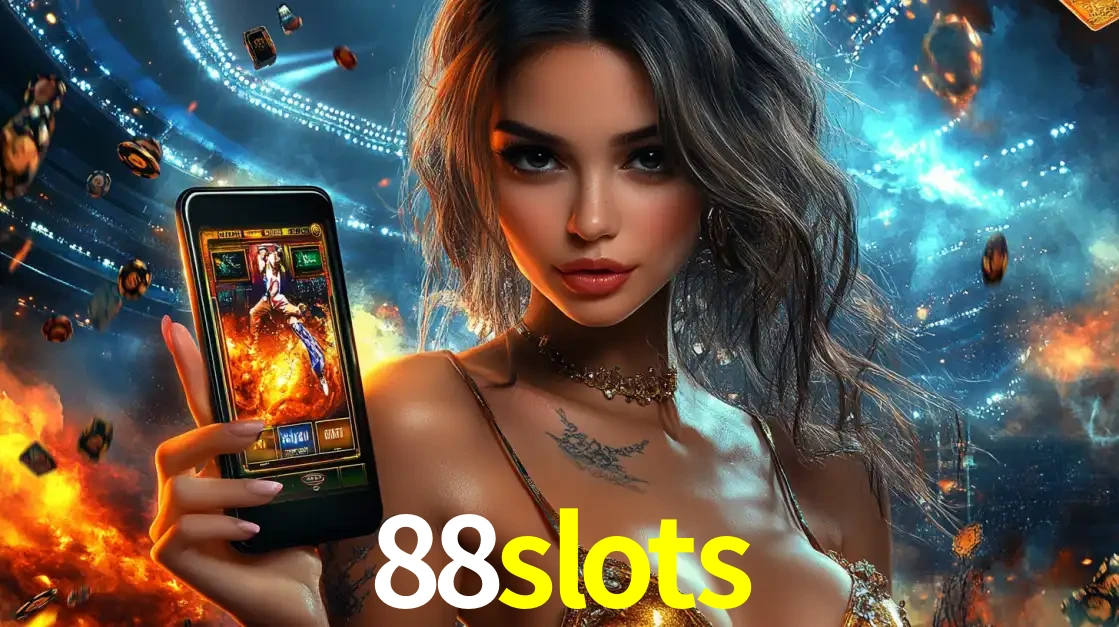 Mulher segurando um celular com um jogo de slot em destaque, tendo como fundo um estádio vibrante, simbolizando a emoção de jogar no cassino móvel 88slots.