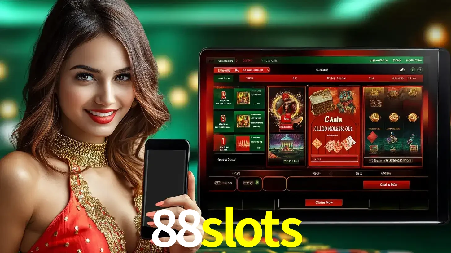 Mulher sorridente segurando um smartphone, ao lado de uma tela exibindo o lobby de jogos do cassino online 88slots, com várias opções de jogos de cartas e slots.